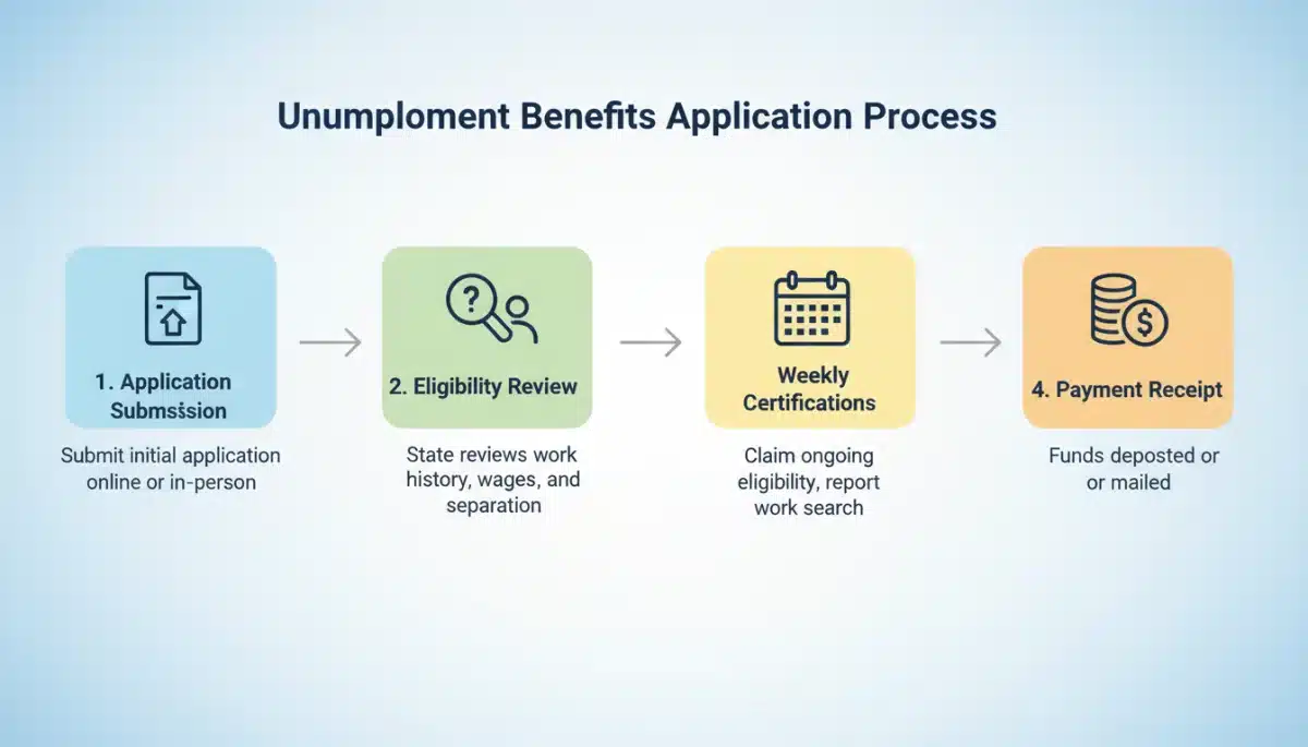Infographic detailing the step-by-step process of applying for unemployment benefits
