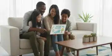 Happy family reviewing financial information on a tablet, symbolizing future Child Tax Credit benefits.