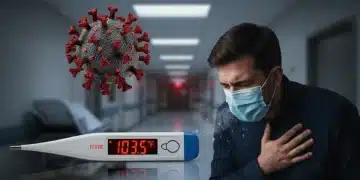 Thermometer showing fever with masked person, symbolizing flu crisis