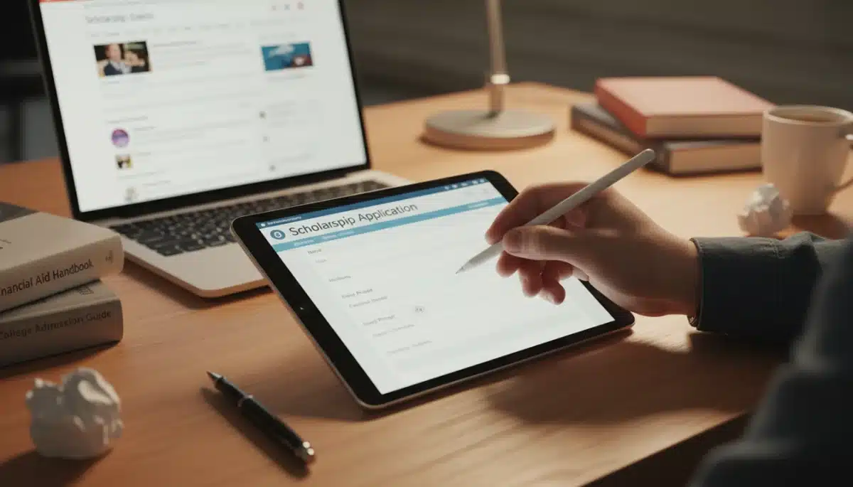 Student actively applying for STEM scholarships on a tablet with a laptop nearby.