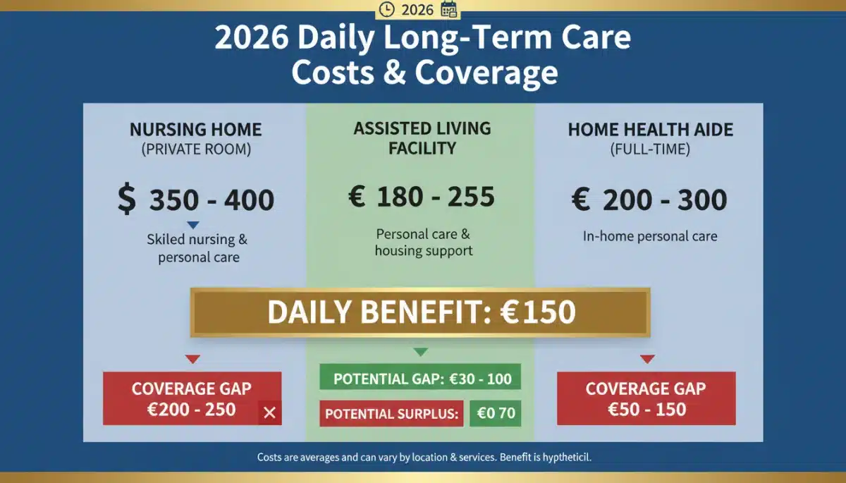 Infographic illustrating 2026 daily long-term care costs versus a 0 insurance benefit