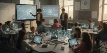 Students and teachers interacting with AI learning tools in a modern K-12 classroom