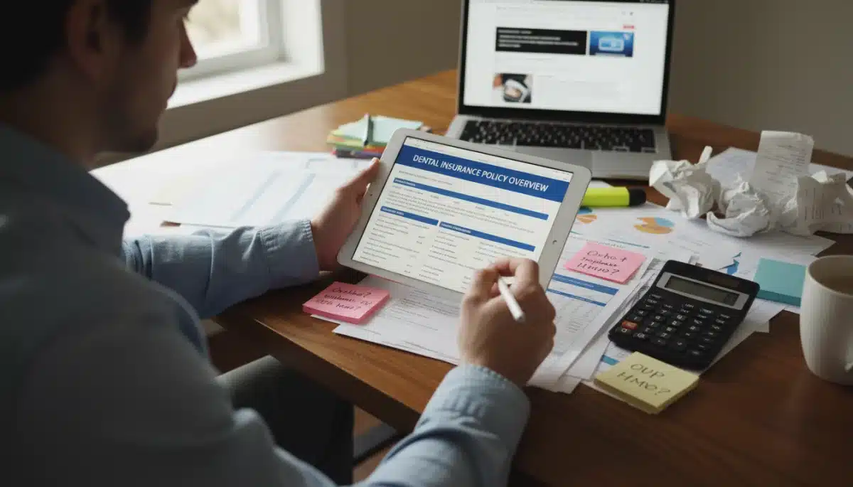 Person analyzing dental insurance policy for cost reduction