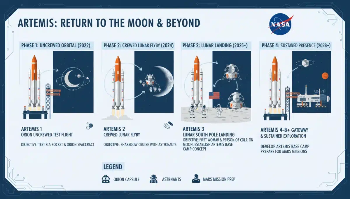 Infographic detailing phases and objectives of NASA's Artemis program for lunar exploration.