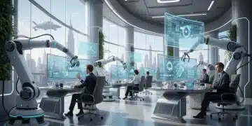 Robots and humans collaborating in a modern digital office setting