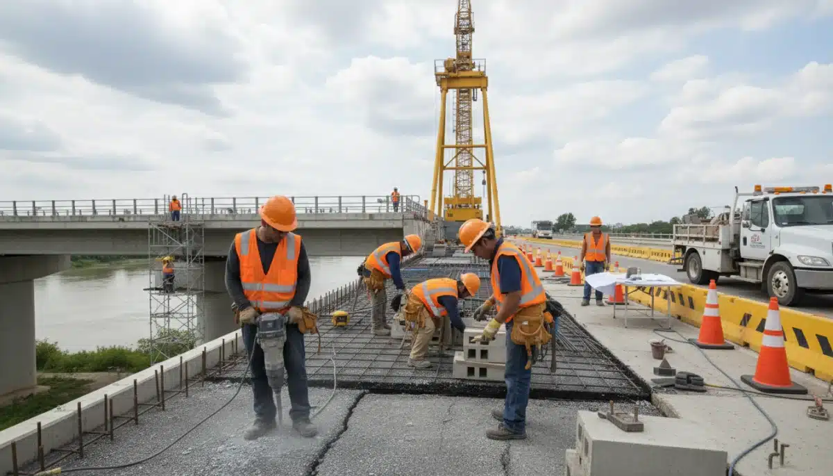 Construction workers repairing a bridge, symbolizing the infrastructure bill's focus on upgrades.