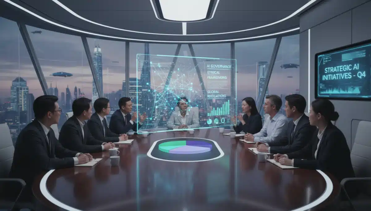 Business leaders discussing AI regulatory frameworks in a modern conference room.