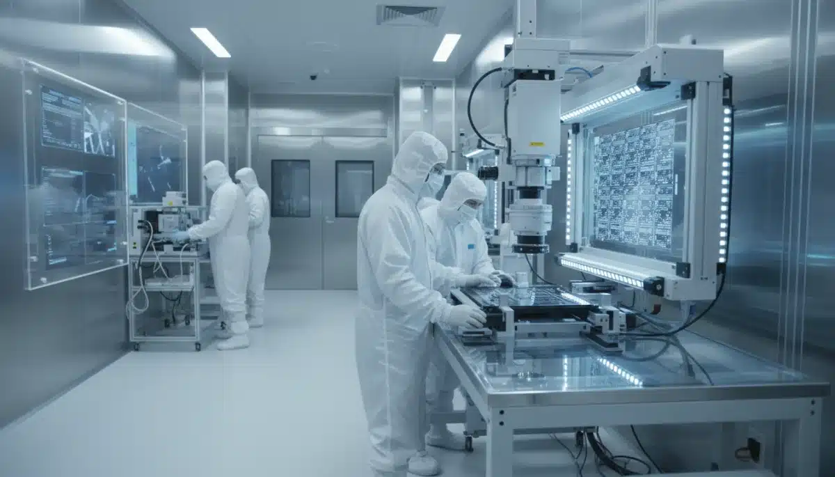 Engineers in cleanroom examining semiconductor wafers, symbolizing advanced manufacturing