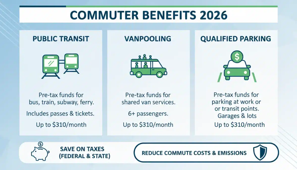Infographic illustrating various commuter benefits options for 2026