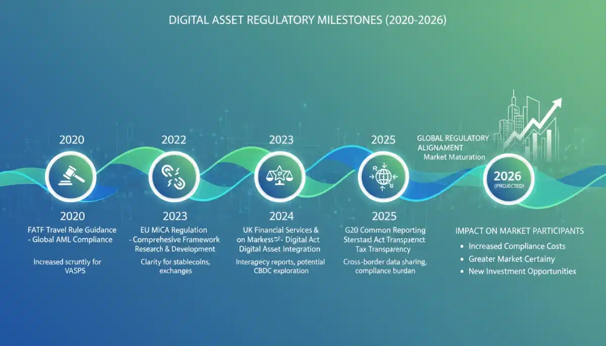 Infographic timeline of cryptocurrency regulatory milestones leading to 2026 impacts
