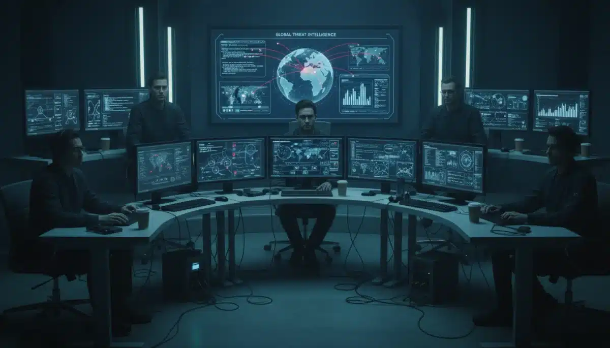 Cybersecurity analysts monitoring threat intelligence in a control room.