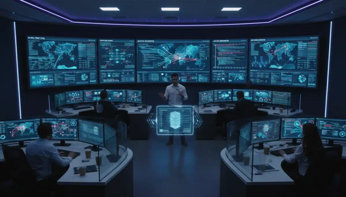 Cybersecurity analysts monitoring threat intelligence in a security operations center