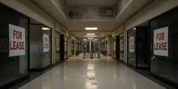 Deserted shopping mall with 'For Lease' signs, symbolizing retail bankruptcies and economic struggle.
