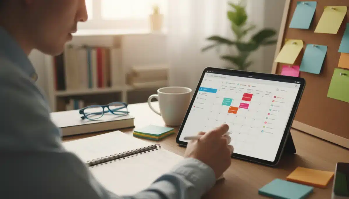 Student organizing digital calendar for effective online study schedule