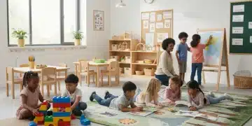 Diverse young children learning in a modern early childhood education classroom