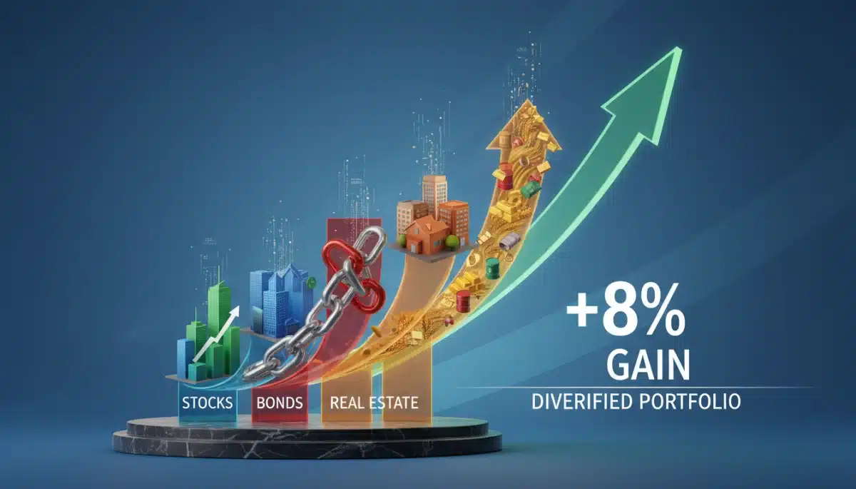 Diversified investment portfolio showing growth with various asset classes.