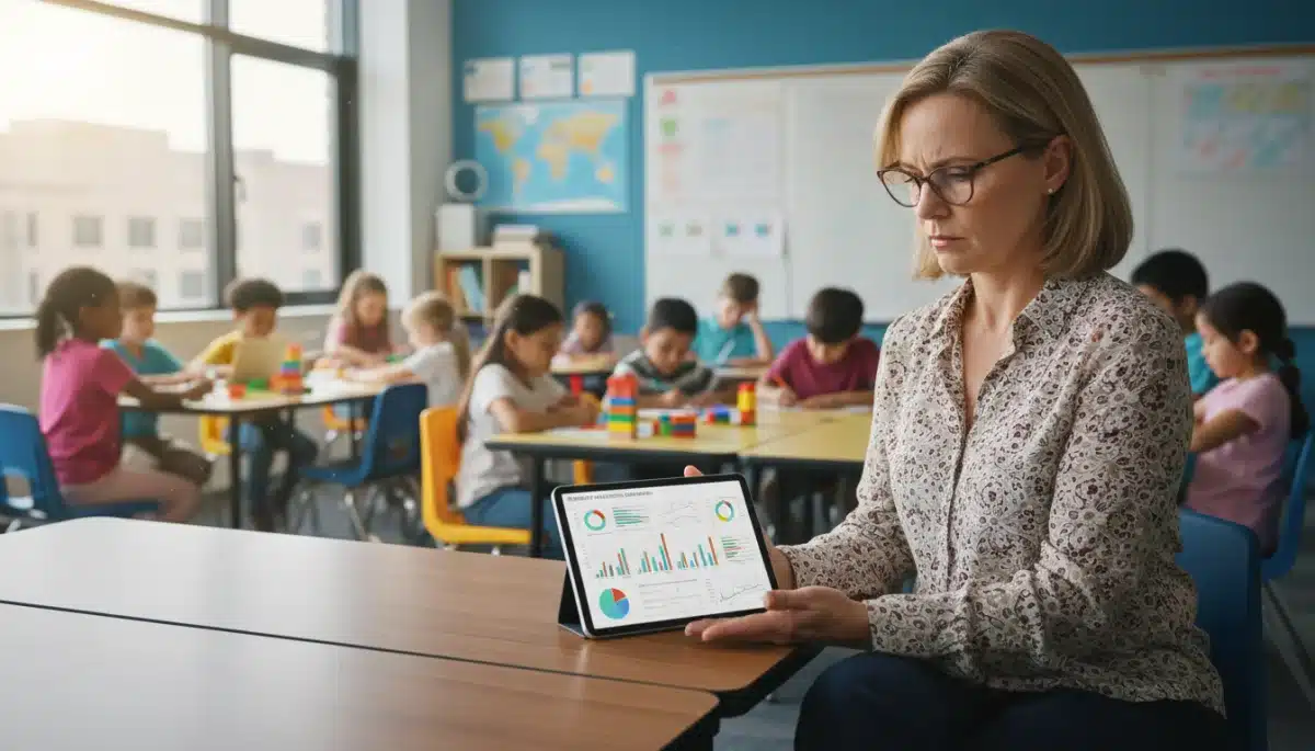 Educator analyzing student performance data on a tablet in a classroom