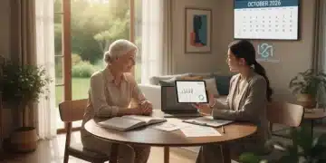 Elderly couple discussing long-term care insurance with advisor for 2026 financial planning