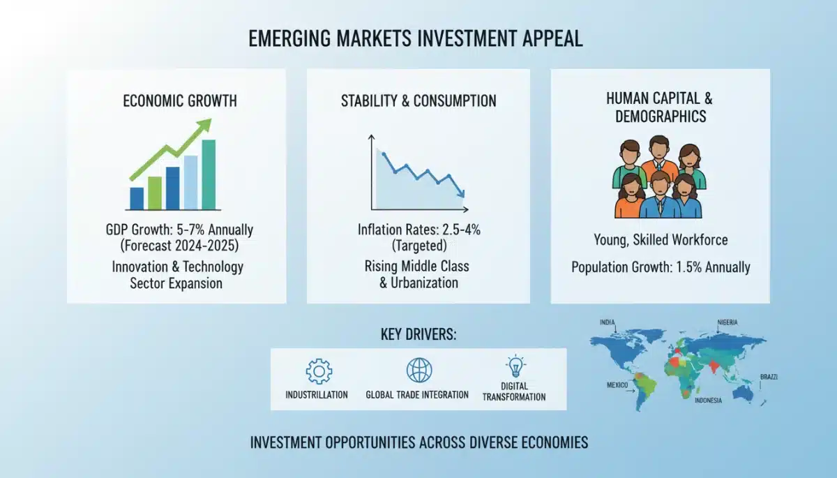 Infographic showing key economic indicators for emerging economies