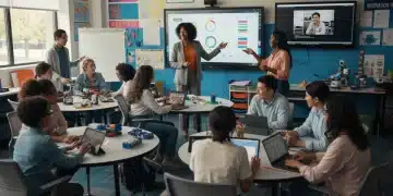 Engaged students collaborating in a modern US classroom with a supportive educator