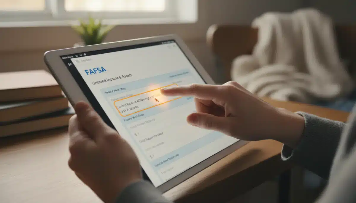 Hand pointing at FAFSA form on tablet, emphasizing specific financial details for aid