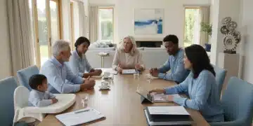 Family discussing estate planning with advisor, reviewing legal documents
