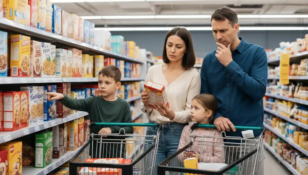 Family shopping for groceries, concerned about rising food prices and their budget.