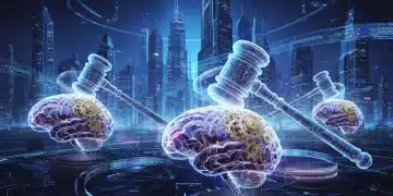 Illustration of AI brains, gears, and legal gavels signifying federal AI regulations.