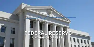 Federal Reserve building with stable interest rate graph overlay