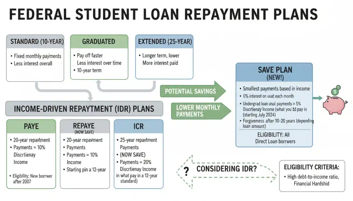 Infographic detailing various federal student loan repayment plans and their benefits.