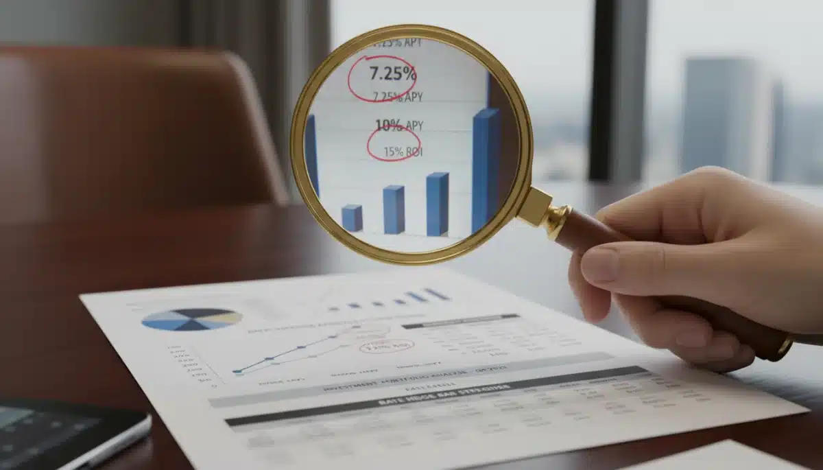 Detailed financial analysis of investment portfolio with magnifying glass