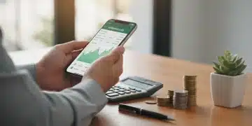 Hands using financial app for 401(k) planning with calculator and coins