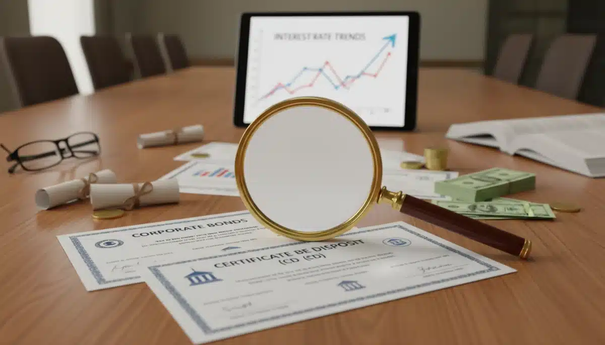Assortment of fixed income assets with magnifying glass, signifying investment analysis