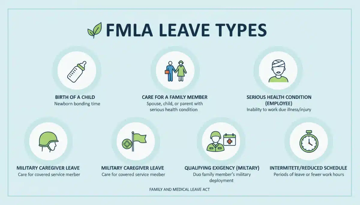 Infographic detailing types of FMLA leave and eligibility