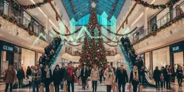Shoppers in a bustling mall during holidays, symbolizing strong US retail sales growth