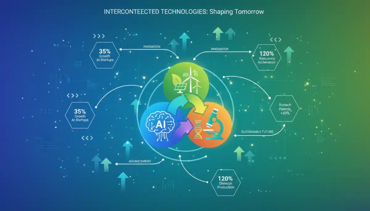 Infographic showing interconnected growth sectors: AI, clean energy, biotech.