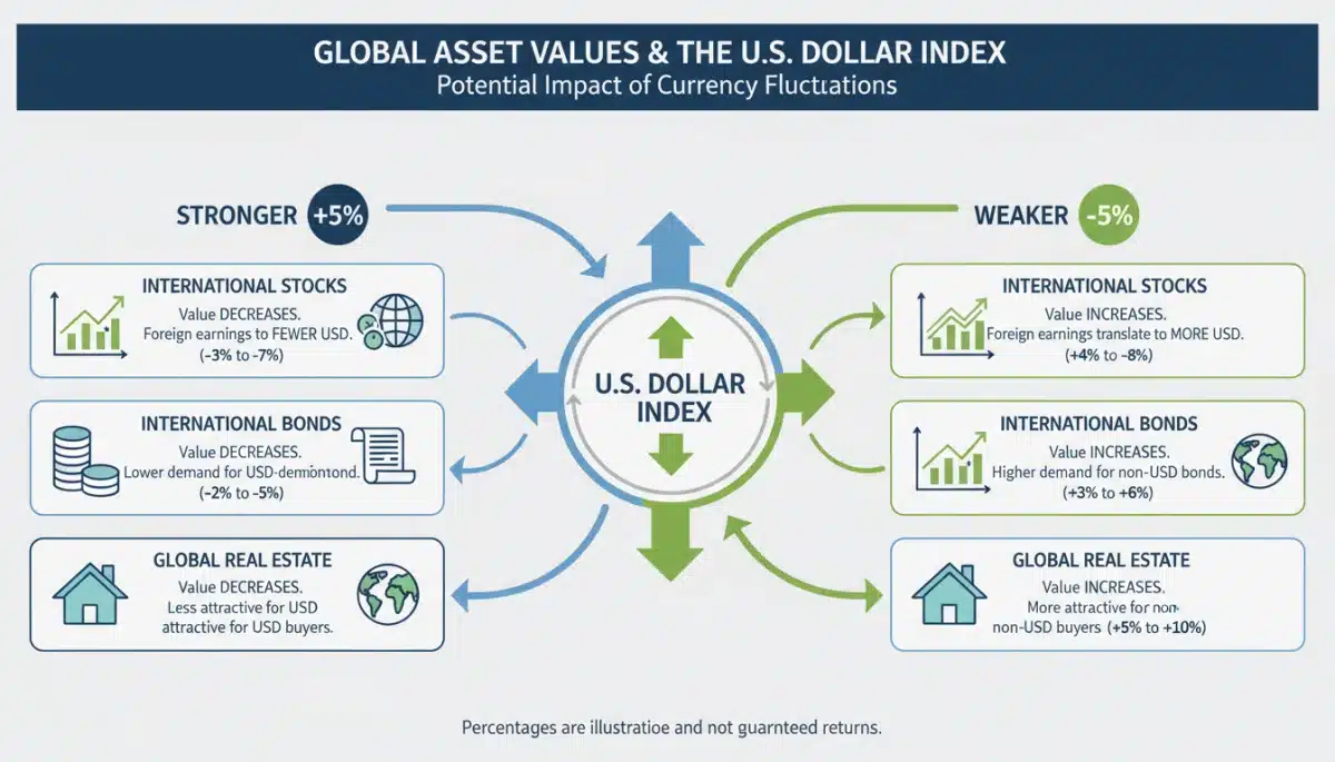 Infographic showing international asset valuation changes due to U.S. Dollar Index shifts