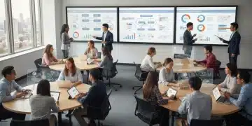 Students and teachers using technology to collaborate on learning projects in a modern classroom.