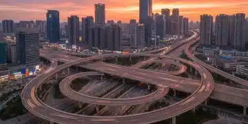 Modern highway interchange with multiple lanes and overpasses at sunset, symbolizing upgraded US transportation infrastructure.