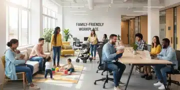 Parental Leave Policies 2026: Top US Company Benefits Compared Parents with babies and young children in a modern office environment, symbolizing progressive parental leave benefits.
