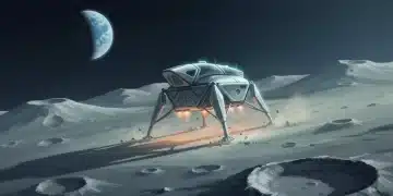 Futuristic lunar lander descending to Moon's surface with Earth in background, symbolizing NASA's new missions.