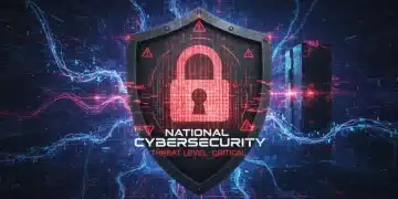 Digital shield protecting against cyber threats, with red alert warnings.