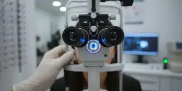 Optometrist examining a patient's eye with specialized equipment