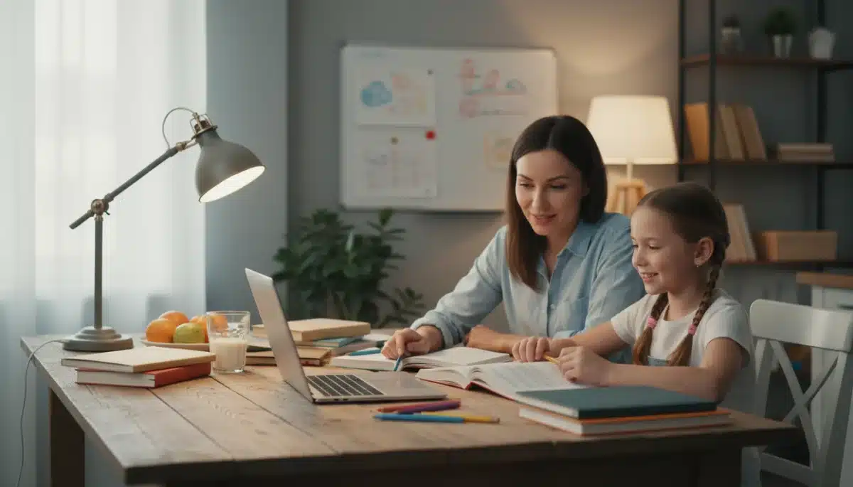 Parent and child doing homework together at home