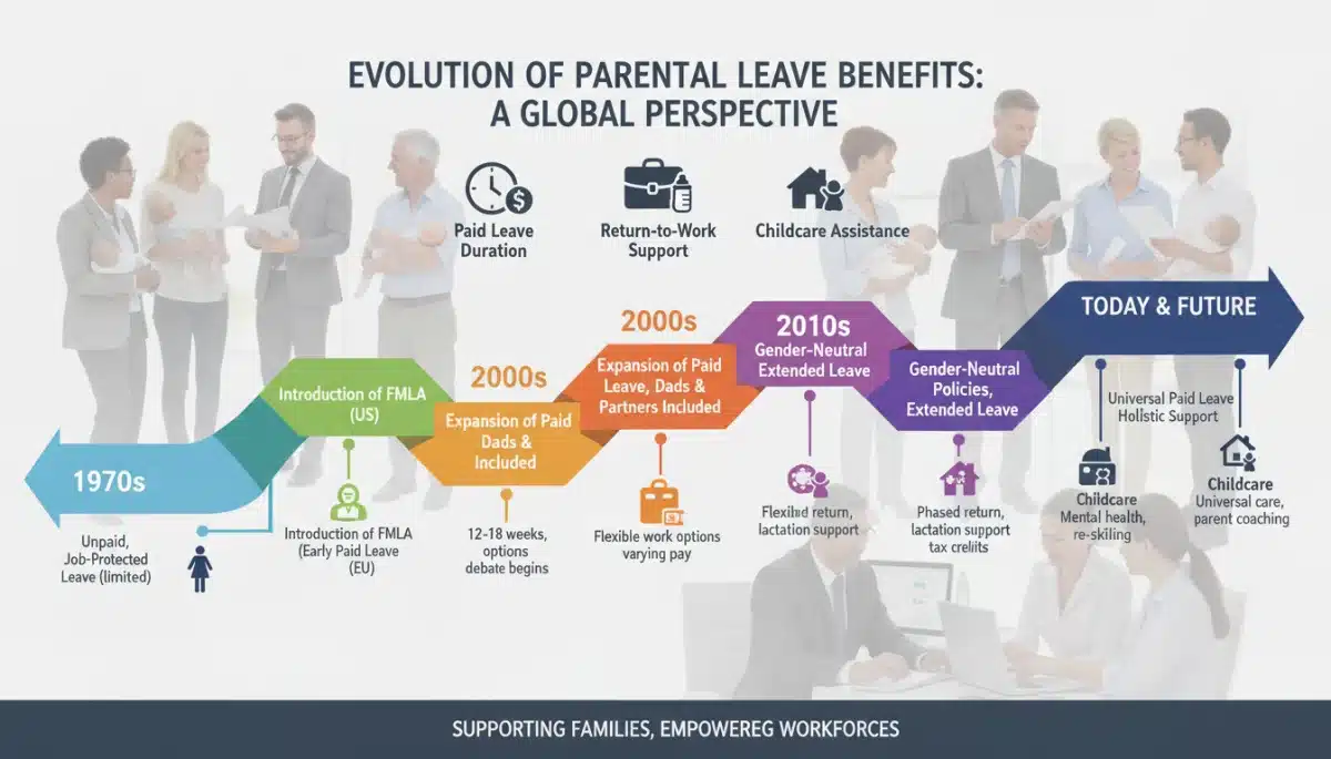 Infographic showing timeline of parental leave benefits and support programs.