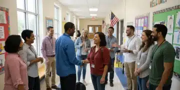Parents and teachers collaborating in a US school hallway