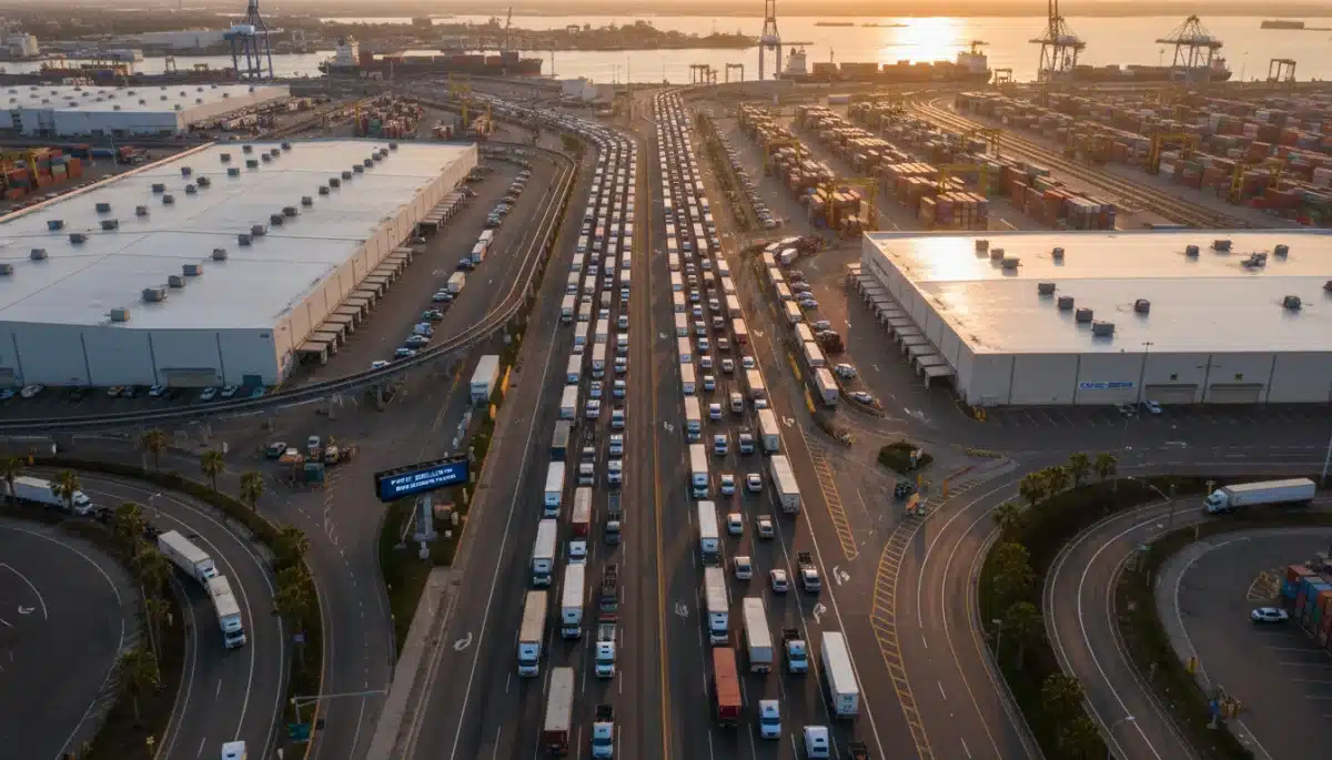 Aerial view of truck congestion at a major US port terminal