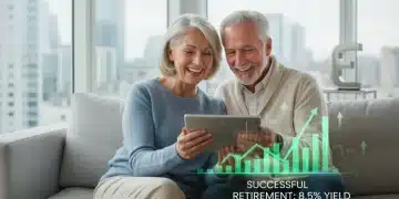 Couple planning retirement finances on a tablet with high interest rate growth chart