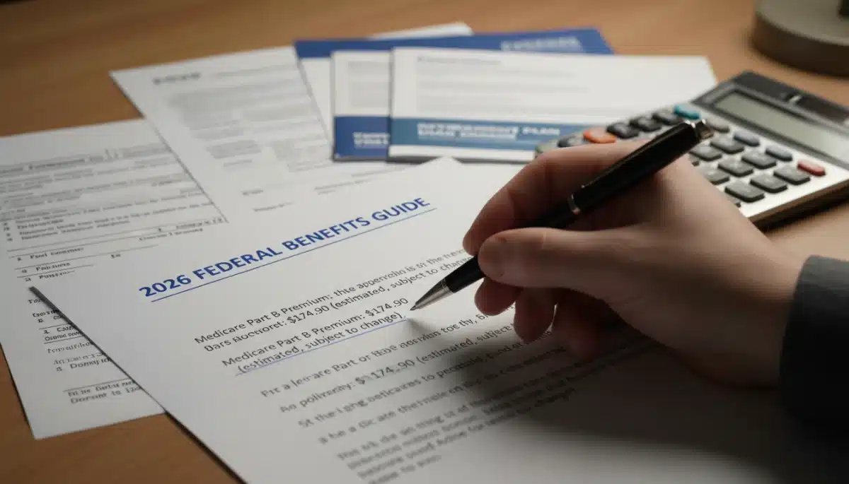 Hand highlighting crucial information in the 2026 Federal Benefits Guide.