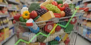 Grocery cart filled with food, representing rising food prices and consumer inflation in the US.